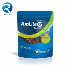 Ard-bhacainn eco-in-athchúrsáilte in-athchúrsáilte suas pouch le haghaidh bianó pacáistiúneamhbhia le zipper